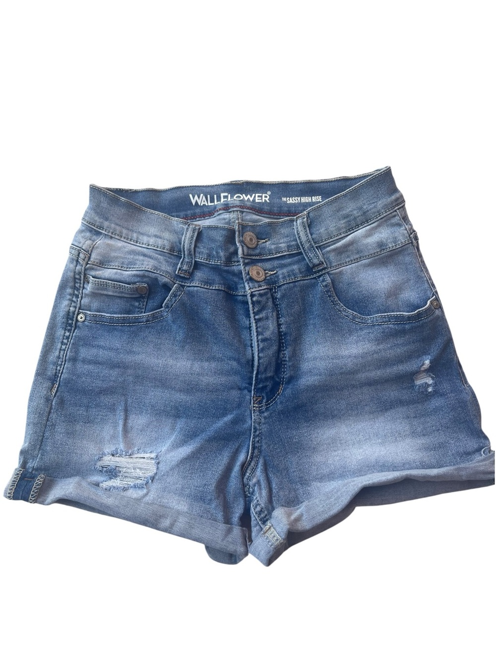 Wallflower High-Rise Distressed Denim Shorts - Blue